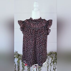NEW Ann Taylor LOFT Black Floral Ruffle Trim Chiffon Top